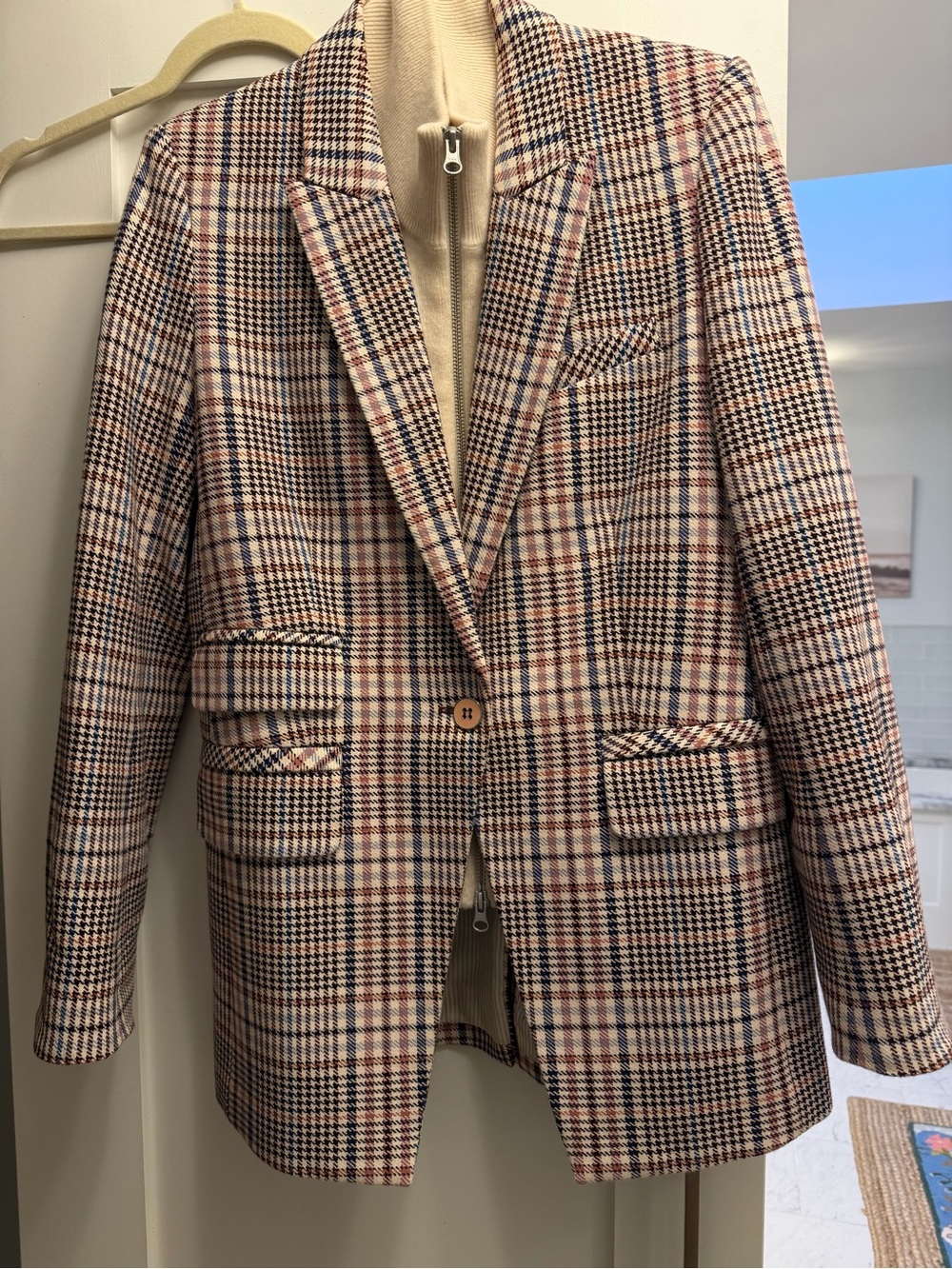 Veronica Beard Plaid Fuller Blazer in Cream, Navy and Rust w/cashmere dickey
